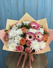 Букет цветов из:  Розы, Герберы и Хризантемы в Дружинино
